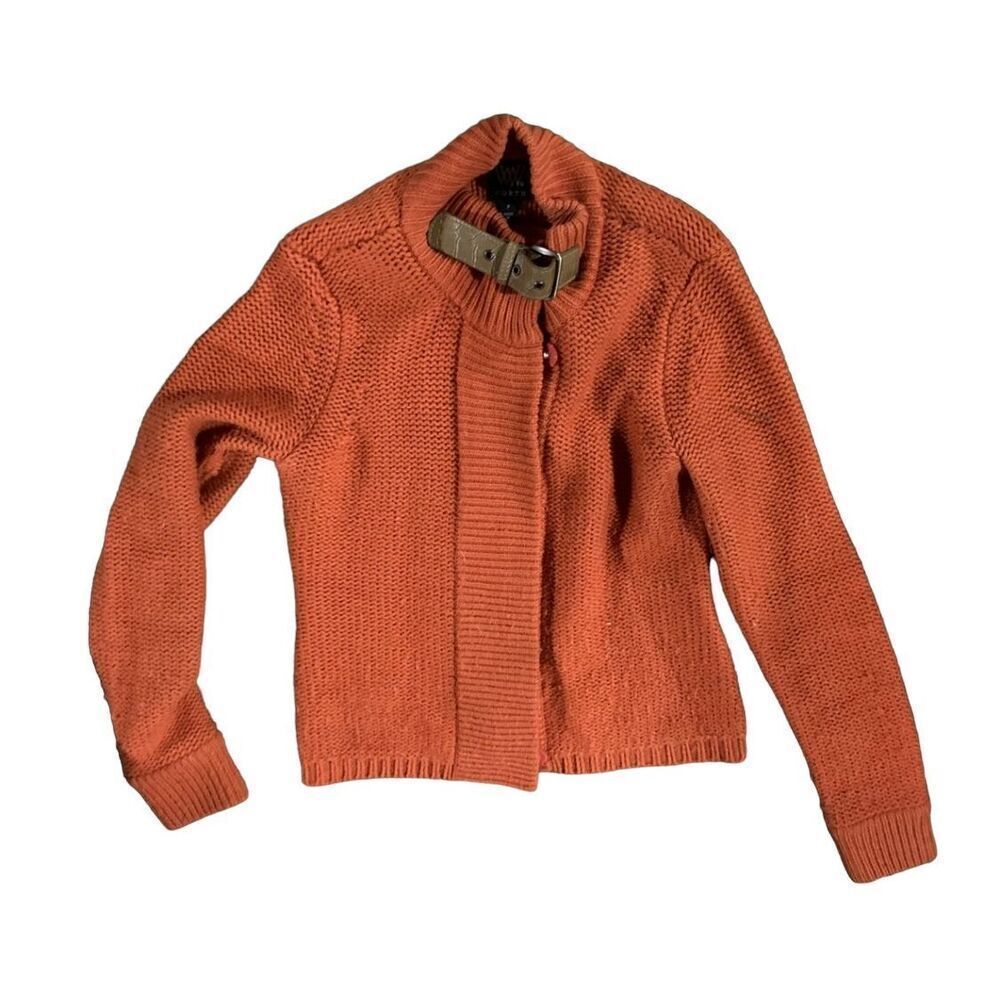 Womens Gorgeous Burnt Orange Sweater SZ Petite Leather Collared Cardigan